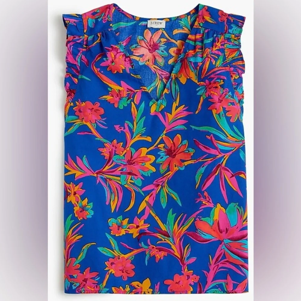 J Crew Bright blue and pink Tropical Floral Ruffle Sleeve cotton Top - Medium